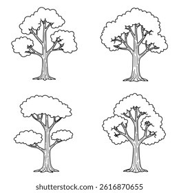 A set of  tree silhouettes in various sizes and shapes, outlined in black against a white background.oak tree silhouette isolated on white
