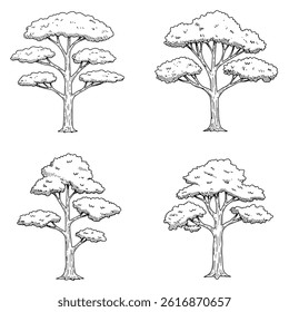 A set of  tree silhouettes in various sizes and shapes, outlined in black against a white background.oak tree silhouette isolated on white