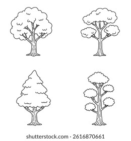 A set of  tree silhouettes in various sizes and shapes, outlined in black against a white background.oak tree silhouette isolated on white
