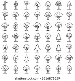 A set of tree silhouettes in various sizes and shapes, outlined in black against a white background.