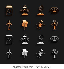 Set Tree, Solar energy panel, Wind turbine, The problem of pollution, Sprout, Recycle and Electric saving plug leaf icon. Vector