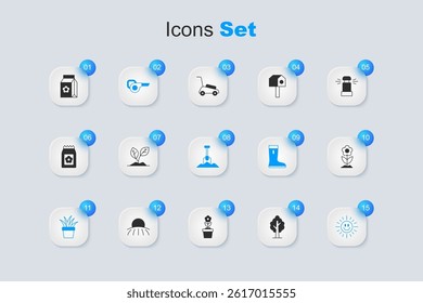 Set Tree, Sprout, Leaf garden blower, Plant in pot, Sun, Flower, Pack full of seeds and Shovel icon. Vector