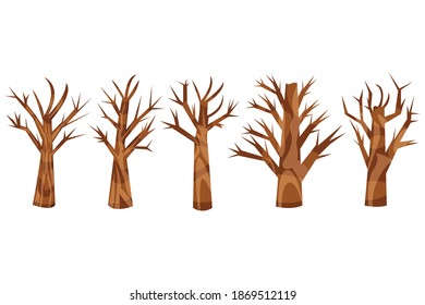 Conjunto de árbol, tallo, rama y rama. El tallo marrón aislado en el fondo blanco. Ilustración vectorial simple.