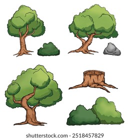 Conjunto de pedra árvore grama ilustração vetor