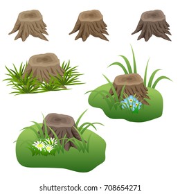 Set of tree stubs in grass and flowers isolated. Elements for landscape scene. Can be used as game asset. Vector illustration