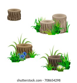 Set of tree stubs in grass and flowers isolated. Elements for landscape scene. Can be used as game asset. Vector illustration