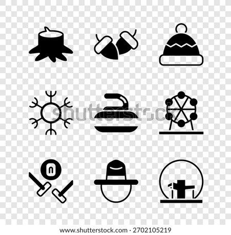 Set Tree stump, Acorn, Beanie hat, Curling sport game, Canadian ranger, Montreal Biosphere, Snowflake and Stone for curling icon. Vector
