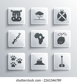 Set Tree stump, Arrow, Lemon, Map of Africa, Paw print, Hunting gun, Rhinoceros and Canteen water bottle icon. Vector