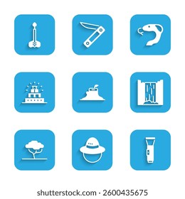 Set Tree stump, Camping hat, Flashlight, Waterfall, African tree, Chichen Itza Mayan, Snake and Arrow icon. Vector