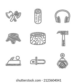Set Tree stump, Chainsaw, Grapple crane grabbed log, Hammer, Wood plane tool, Headphones and Wooden axe icon. Vector
