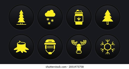 Set Tree stump, Christmas tree, Hockey helmet, Moose head with horns, Coffee cup to go, Cloud snow, Snowflake and Canadian spruce icon. Vector