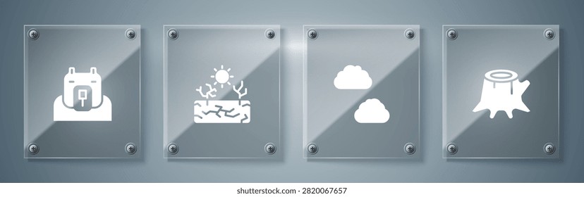Set Tree stump, Cloud, Drought and Polar bear head. Square glass panels. Vector