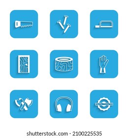 Set Tree stump, Headphones, Electric circular saw, Protective gloves, Wooden axe, Closed door, Hacksaw and Hand icon. Vector