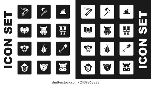 Set Tree stump, Hippo or Hippopotamus, Elephant, Swiss army knife, Binoculars, Wooden axe, Shovel and Monkey icon. Vector