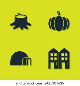 Conjunto de tocón de árbol, casa, casa de hielo iglú e icono de calabaza. Vector