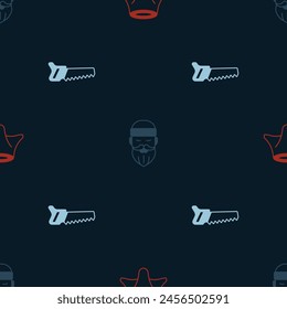 Set Tree stump, Lumberjack and Hand saw on seamless pattern. Vector