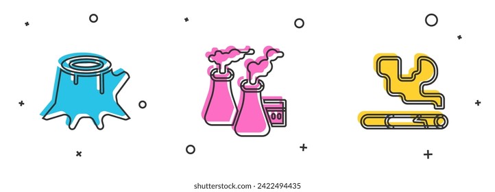 Ajuste el trozo de árbol, Fumar de fábrica e icono de cigarrillo. Vector