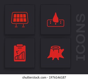 Set Tree stump, Solar energy panel, Deforestation and Global warming icon. Vector