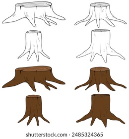 Conjunto de Ilustración vectorial de tocón de árbol. Arte de línea de árbol