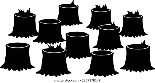 set of Tree stump wood base silhouette vector