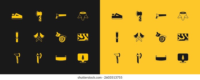Set Tree stump, Wooden axe, Hand saw and log, Two-handed, plane tool and  icon. Vector