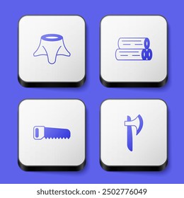 Set Baumstumpf, Holzstamm, Handsäge und Axt-Symbol. Weißer quadratischer Knopf. Vektorgrafik
