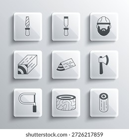 Set Tree stump, Wooden logs, axe, beam, Hacksaw, Rasp metal file and Lumberjack icon. Vector