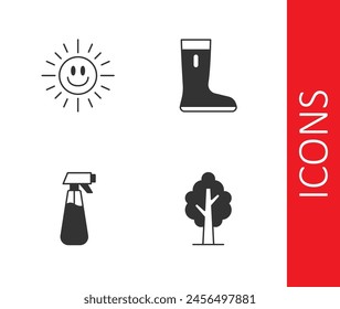 Set Tree, Sun, Garden sprayer for water and Waterproof rubber boot icon. Vector