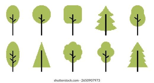 Set of Tree templates in pixel art style. Green arboreal silhouettes. Deciduous, foliage, labels. Isolated on white background