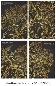 set tree of thai tradition on mountain,stone of thai outline vector