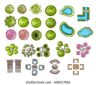 set of tree top symbols, for architectural or landscape design, for map, water color style.vector illustration