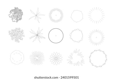 set of tree top view for landscape plan and architecture element. trees plan line cad, tree plan drawing, elements for environment and garden