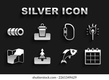 Set Tree, Torch flame, Calendar, Fish, Camping and hiking on map, Carabiner, Blanket roll and Trash can icon. Vector