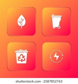 Set Tree, Trash can, Recycle bin with recycle and Lightning bolt icon. Vector