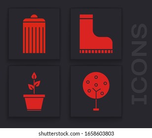 Fijar árbol, Bastón, Bota de goma impermeable y Planta en olla icono. Vector