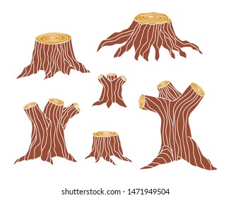 Set of tree trunks. Brown wood stump vector illustration. Forestry drawing.