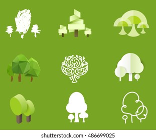Set of tree in various styles on green background. Vector illustration in flat, realistic, tribal, geometric, cartoon, isometric, polygonal, paper style.