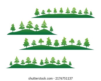 Set Of Tree Vector Icon Flat, Green Forest Silhouette, Hills Collection Isolated On White Background.