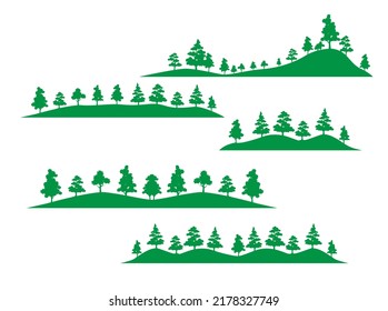 Set Of Tree Vector Icon Flat, Green Forest Silhouette, Hills Collection Isolated On White Background.