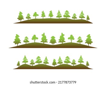 Set Of Tree Vector Icon, Green Forest Silhouette, Hills Collection Isolated On White Background.