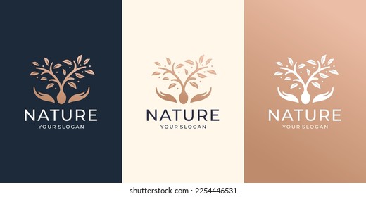 set Tree vector icon. Nature trees with hand care concept vector illustration logo design.