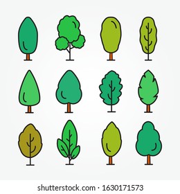 Set of tree vector illustration isolated on white, tree icon. Flat forest tree nature plant isolated eco foliage