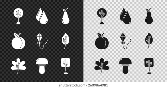 Set Tree, Water drop, Pear, Leaf or leaves, Mushroom, Peach fruit and Kite icon. Vector