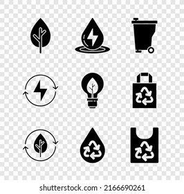 Set Tree, Water energy, Trash can, Recycle and leaf, clean aqua, Plastic bag with recycle, Lightning bolt and bulb icon. Vector