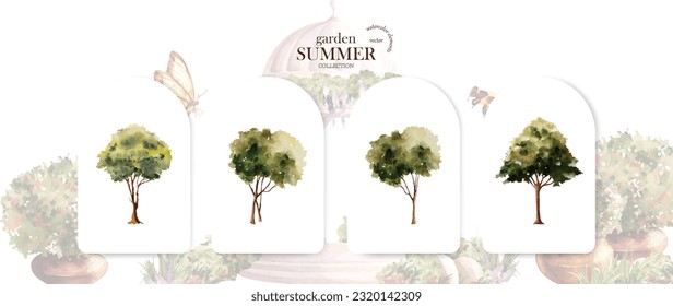 Set of tree watercolor vector elements design. Summer garden collection of flower, tree, leaves, and branches.