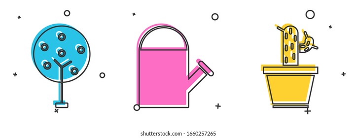 Set Tree, Watering can and Cactus and succulent in pot icon. Vector