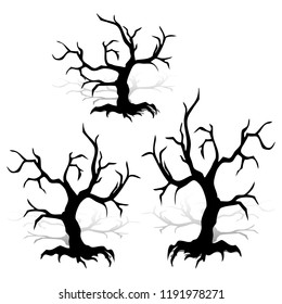 Set of tree without leaves, design for the holiday of Halloween, silhouette with shadow on white background, vector