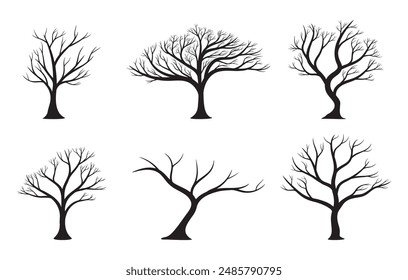 Conjunto de árbol sin hojas silueta aislado sobre fondo blanco. Árboles para Halloween. Ilustración vectorial