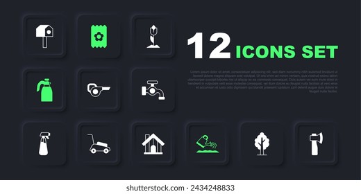 Set Tree, Wooden axe, Leaf garden blower, Watering can, Garden sprayer for water, Lawn mower, Pack full of seeds and Farm house icon. Vector