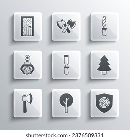 Set Tree, Wooden logs, Christmas tree, Chisel tool, axe, Grapple crane grabbed, Closed door and Rasp metal file icon. Vector